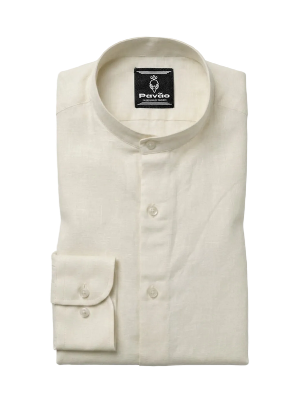 100% Linen Mandarin Collar Shirt Ivory