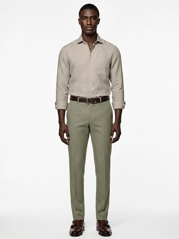 100% linen camel beige formal shirt with cut-away collar, no pocket