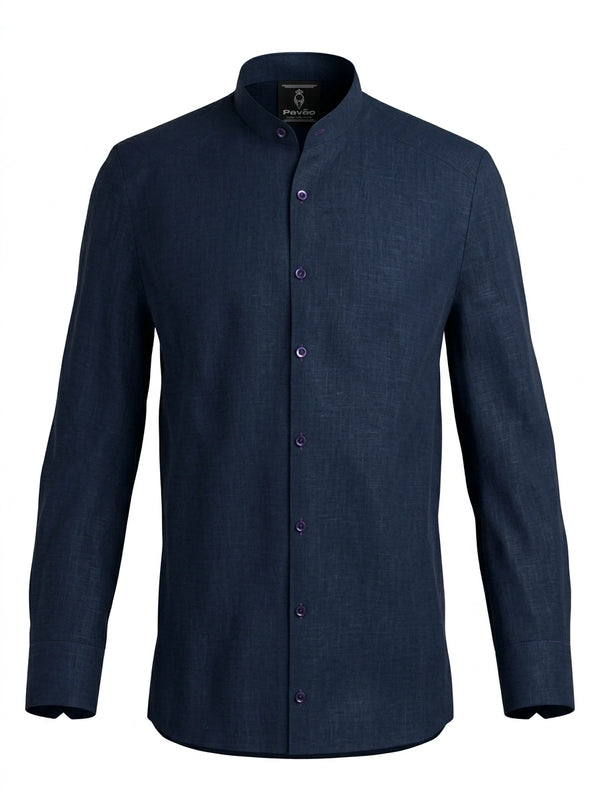 100% Linen Mandarin Collar Shirt Navy Blue