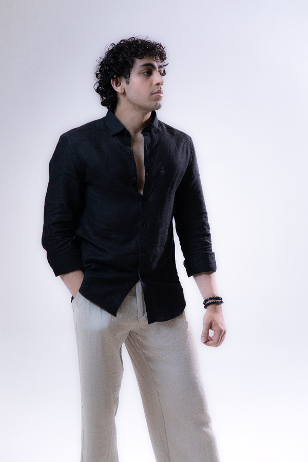 100% Linen Casual Shirt Jet Black