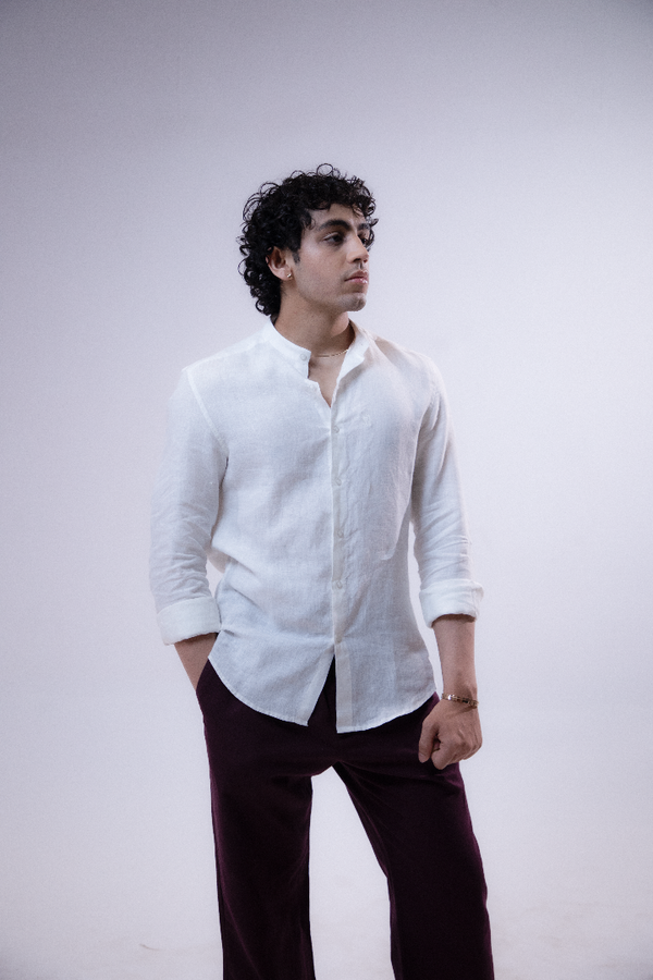 100% Linen Mandarin Collar Shirt White