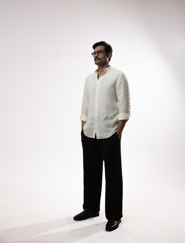 100% Linen Mandarin Collar Shirt Ivory