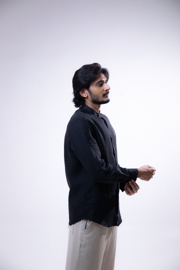 100% Linen Mandarin Collar Shirt Jet Black