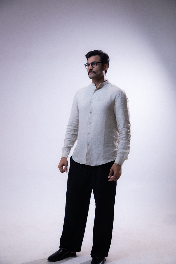 100% Linen Mandarin Collar Shirt Camel Beige