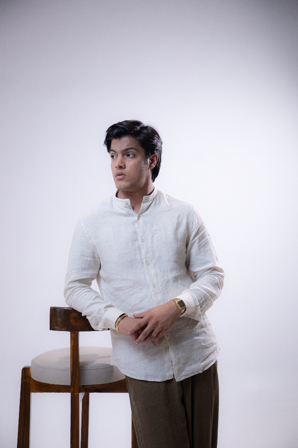 100% Linen Mandarin Collar Shirt Sand Beige
