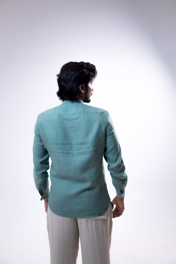 100% Linen Mandarin Collar Shirt Mint Green