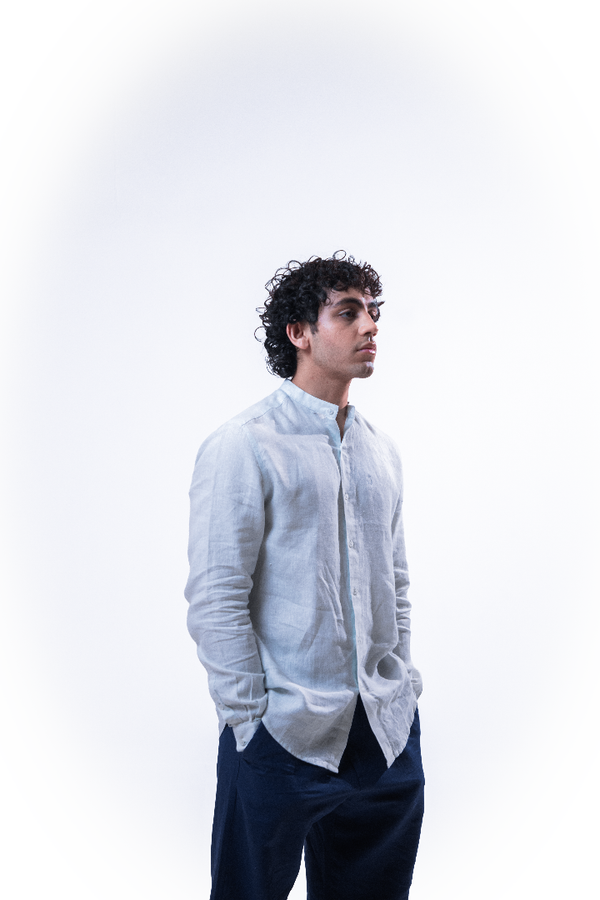 100% Linen Mandarin Collar Shirt Sky Blue