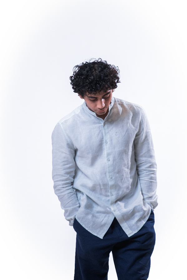 100% Linen Mandarin Collar Shirt Sky Blue
