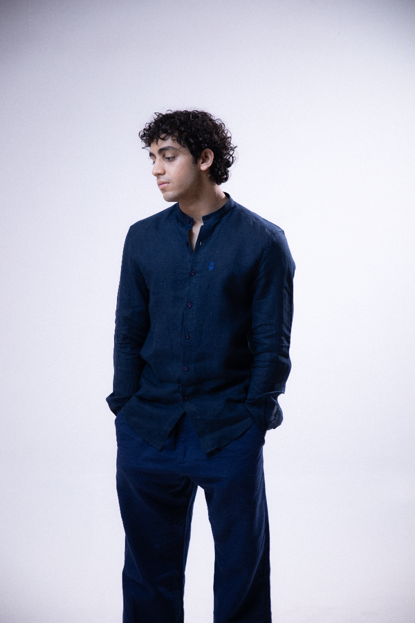 100% Linen Mandarin Collar Shirt Navy Blue