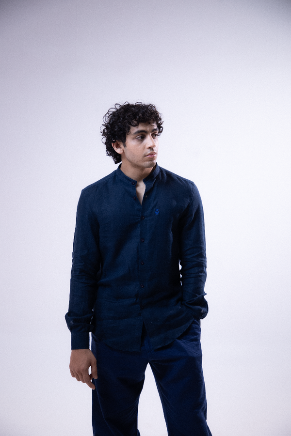 100% Linen Mandarin Collar Shirt Navy Blue