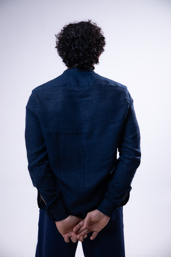100% Linen Mandarin Collar Shirt Navy Blue