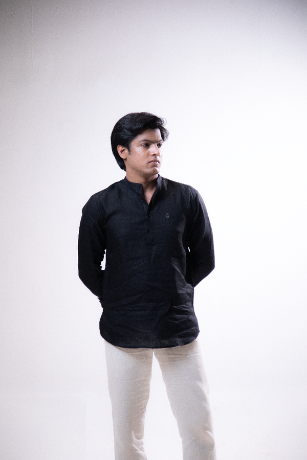 100% Linen Short Kurta Black