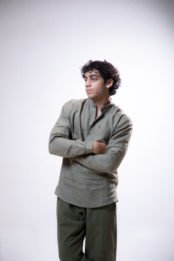 100% Linen Short Kurta Olive Green
