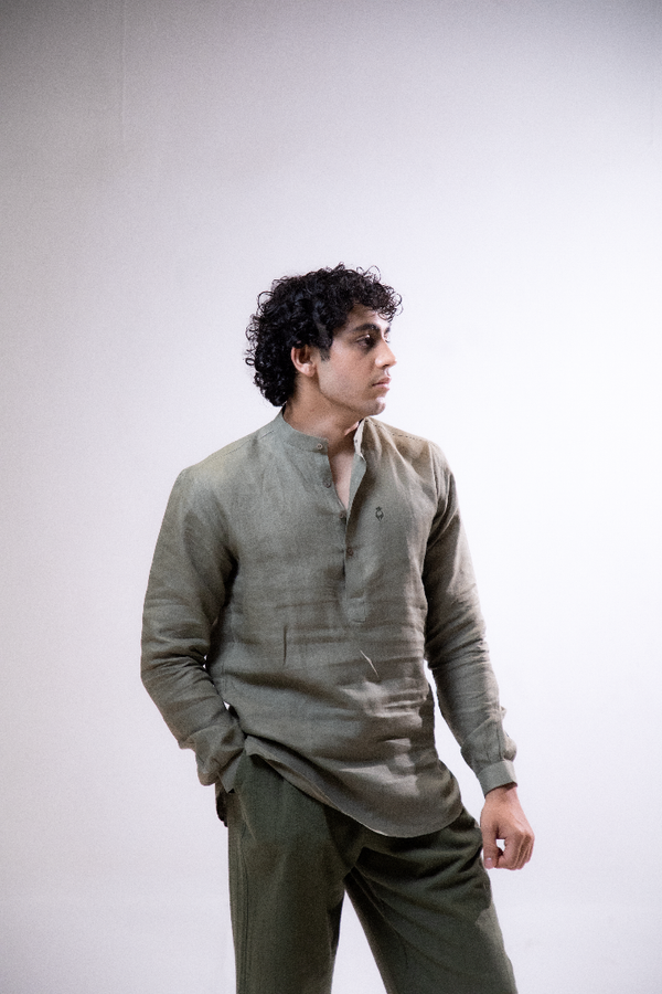 100% Linen Short Kurta Olive Green