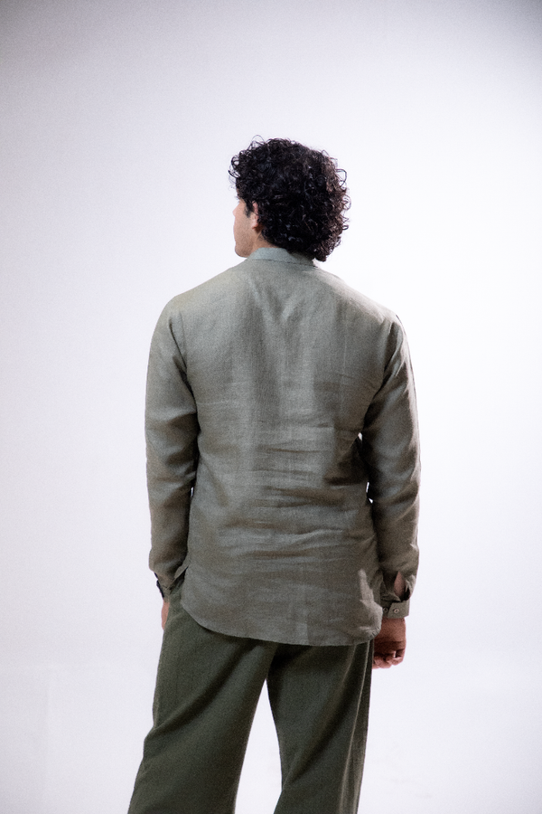 100% Linen Short Kurta Olive Green