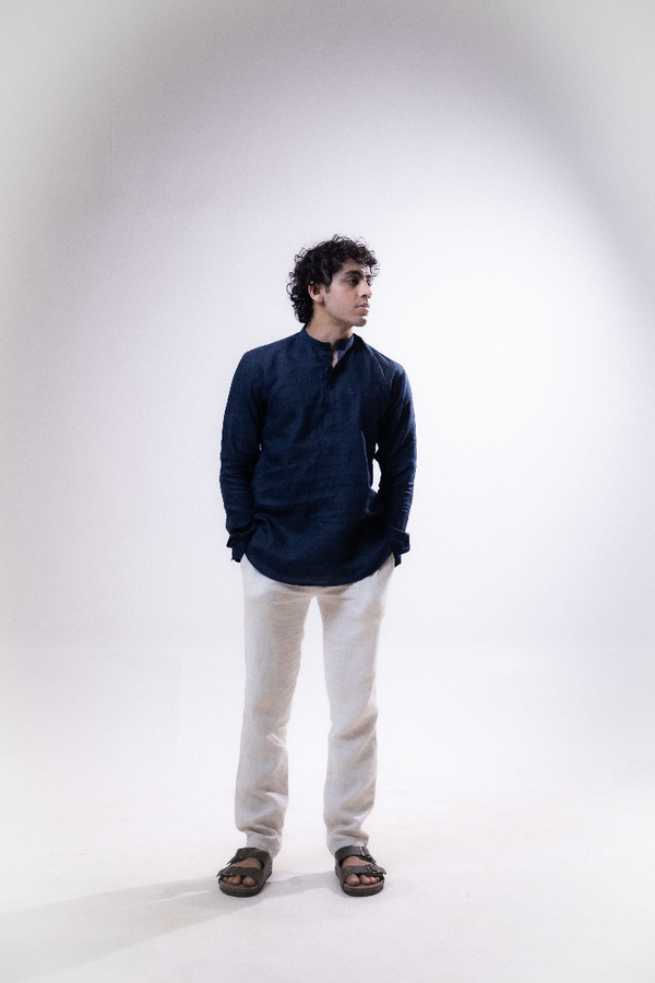 100% Linen Short Kurta Navy Blue