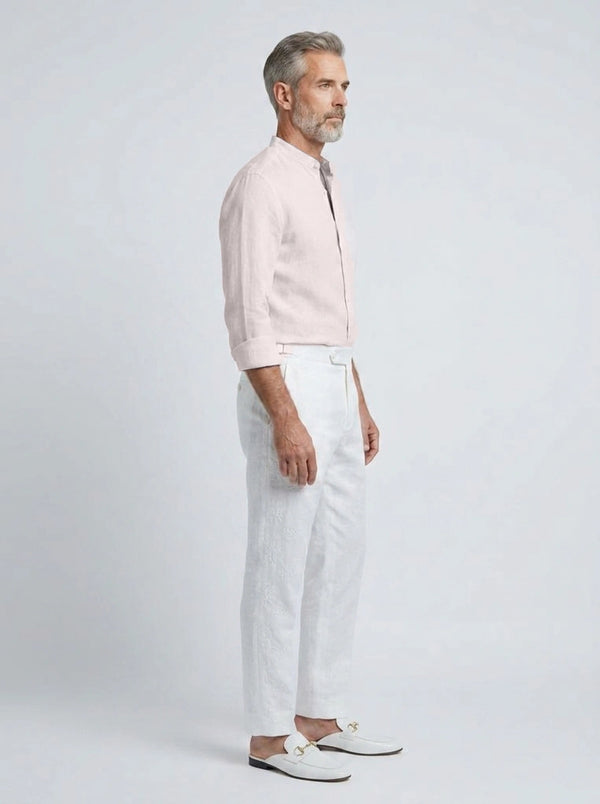 100% Linen Mandarin Collar Shirt Baby Pink