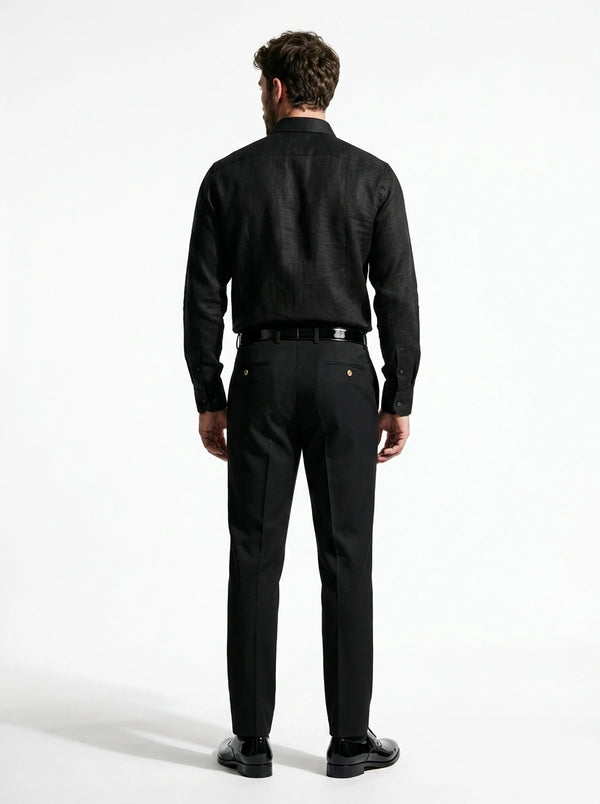 100% linen jet black formal shirt with long stiff collar and chest pocket