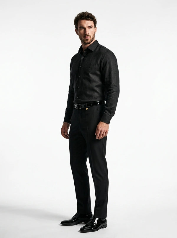 100% linen jet black formal shirt with long stiff collar and chest pocket