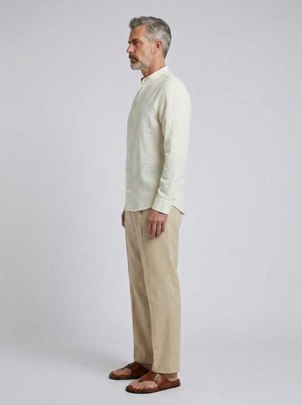 100% Linen Mandarin Collar Shirt Ivory