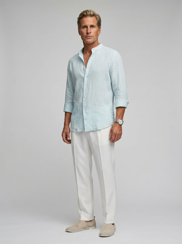 100% Linen Mandarin Collar Shirt Sky Blue