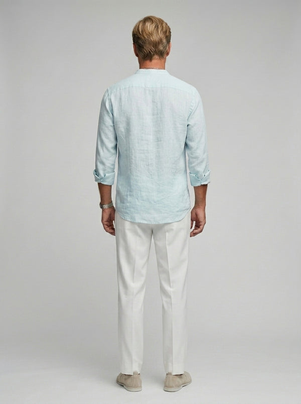 100% Linen Mandarin Collar Shirt Sky Blue