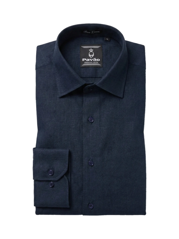 A folded dark navy blue long-sleeve dress shirt by Pavão, featuring a button-down front, pointed collar, and a single cuff with two buttons, shown on a plain white background.