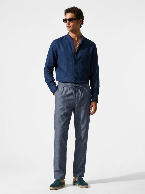 100% Linen Mandarin Collar Shirt Navy Blue