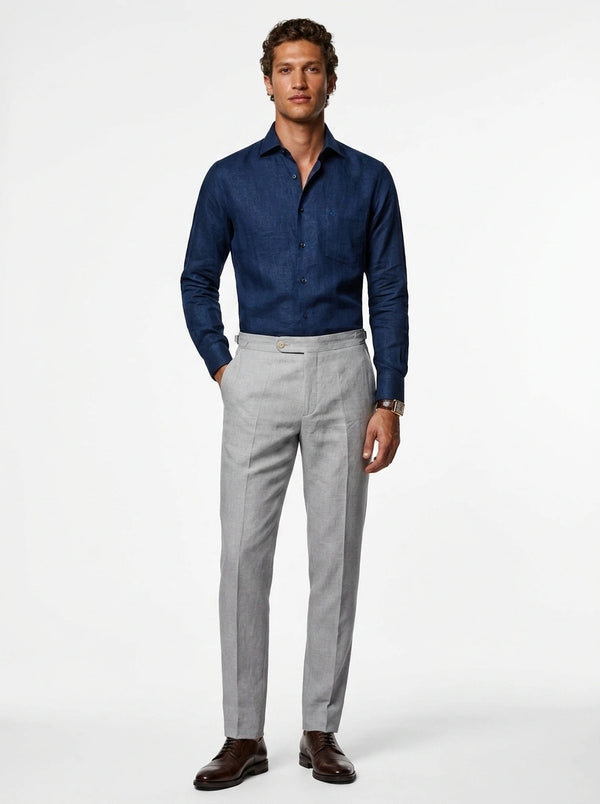 100% linen navy formal shirt with long stiff collar and chest pocket