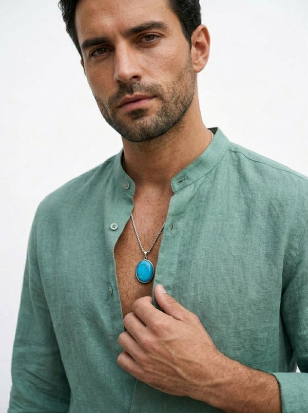 100% Linen Mandarin Collar Shirt Mint Green