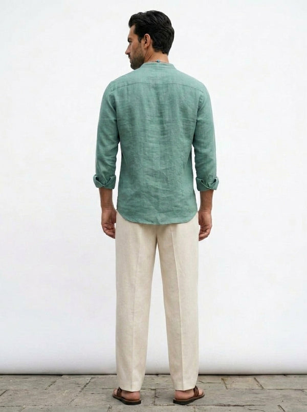100% Linen Mandarin Collar Shirt Mint Green