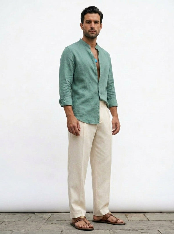100% Linen Mandarin Collar Shirt Mint Green