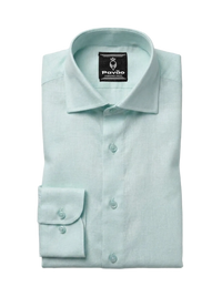 A folded light mint green dress shirt by Pavão, featuring a classic collar, button-down front, and a single-button cuff, displayed on a neutral light gray background.