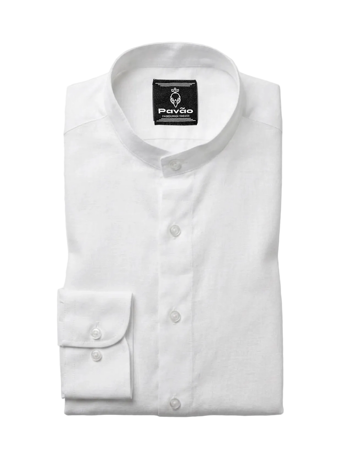 A folded white long-sleeve dress shirt with a band collar and a single-button cuff, shown on a light gray background. The brand label 'Pavão' is visible inside the collar.