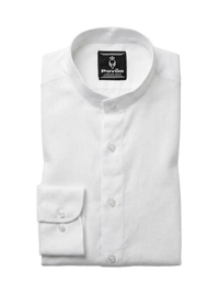 A folded white long-sleeve dress shirt with a band collar and a single-button cuff, shown on a light gray background. The brand label 'Pavão' is visible inside the collar.