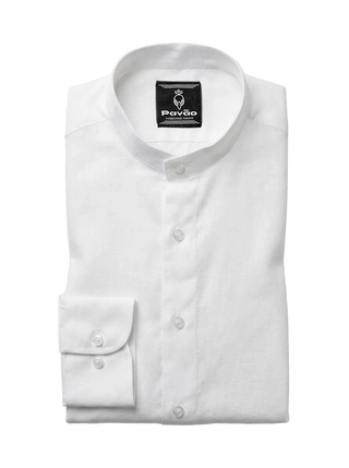 A folded white long-sleeve dress shirt with a band collar and a single-button cuff, shown on a light gray background. The brand label 'Pavão' is visible inside the collar.