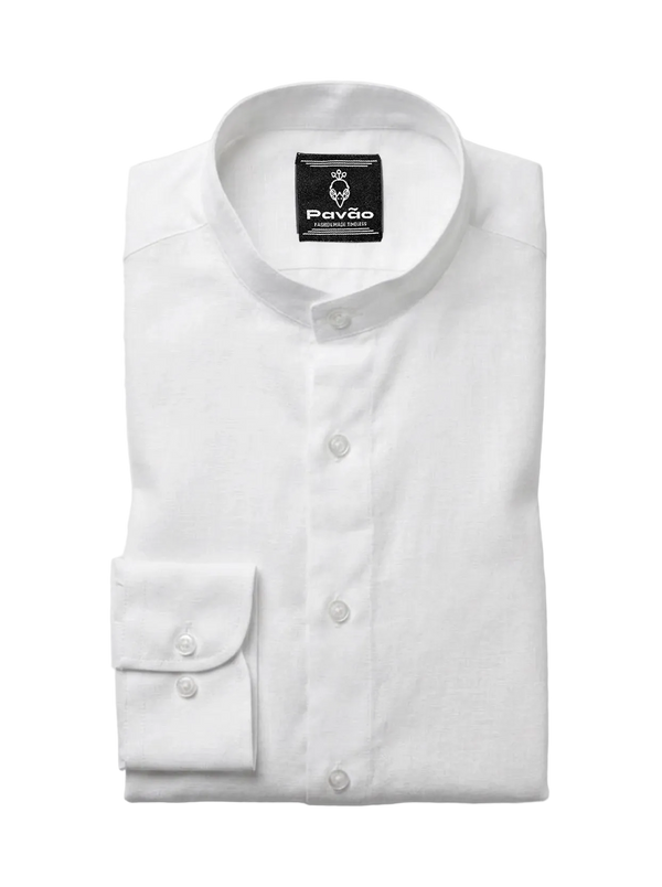 A folded white long-sleeve dress shirt with a band collar and a single-button cuff, shown on a light gray background. The brand label 'Pavão' is visible inside the collar.