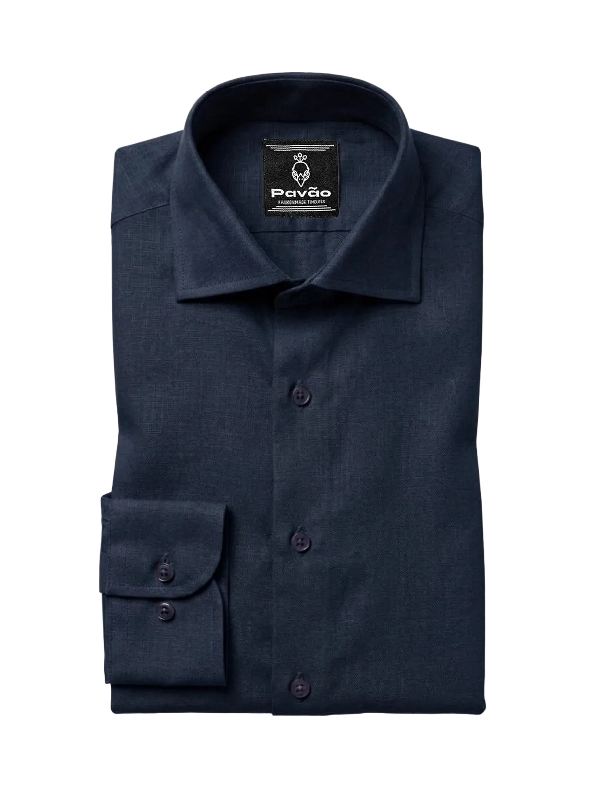 A folded navy blue dress shirt with a spread collar and a single cuff, displayed on a light gray background. The brand label 'Pavão' is visible inside the collar.