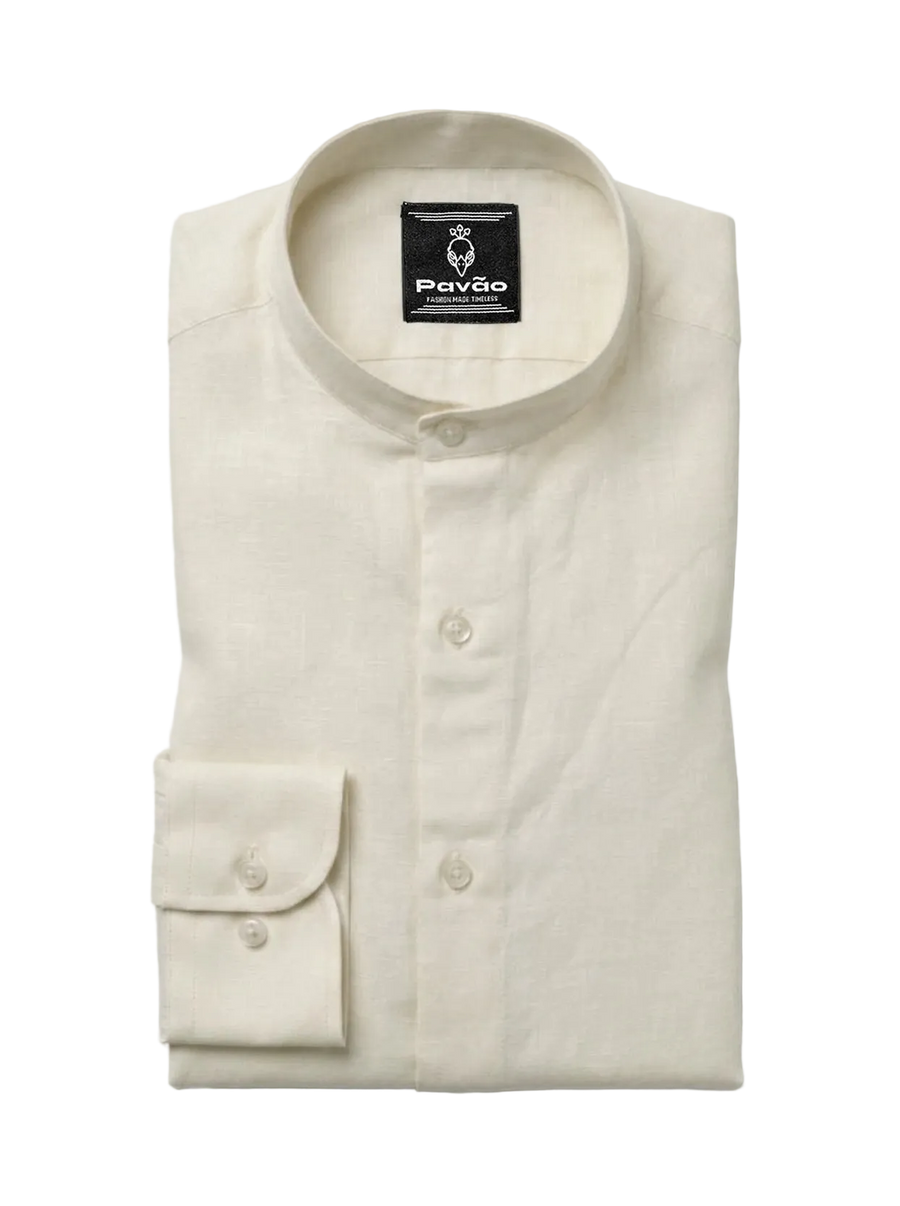 100% Linen Mandarin Collar Shirt Ivory