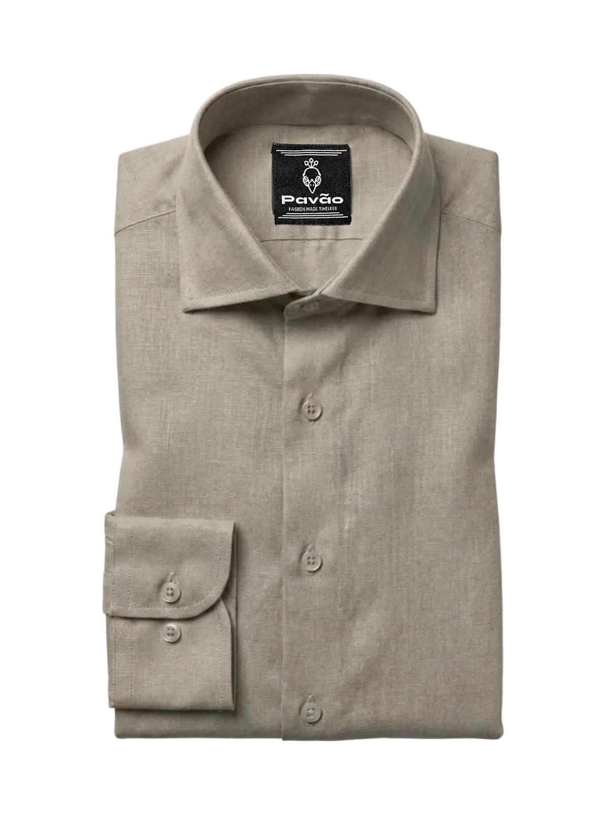 A folded light beige linen dress shirt with a button-down front and a single-button cuff, displayed on a clean white background. The brand label 'Pavão' is visible inside the collar.