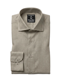 A folded light beige linen dress shirt with a button-down front and a single-button cuff, displayed on a clean white background. The brand label 'Pavão' is visible inside the collar.