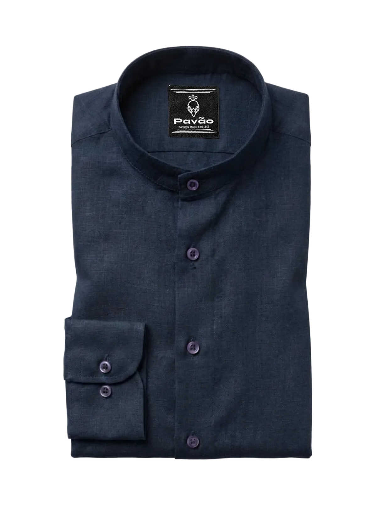 A folded dark navy blue long-sleeve dress shirt with a mandarin collar and purple buttons, shown on a light gray background. The brand label 'Pavão' is visible inside the collar.