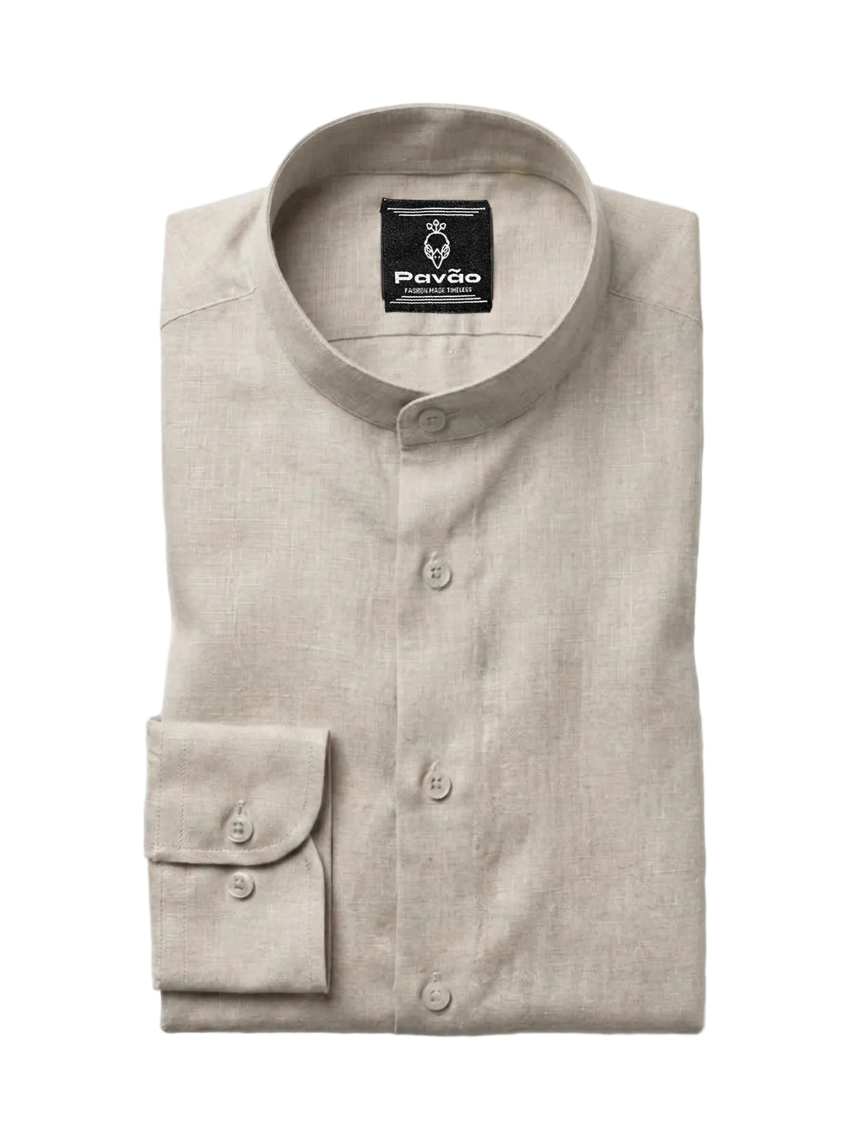 A folded light beige linen shirt with a mandarin collar and button-down front, featuring a brand label for 'Pavão' on the inside collar and a single buttoned cuff, shown on a light gray background.