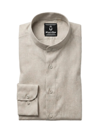 A folded light beige linen shirt with a mandarin collar and button-down front, featuring a brand label for 'Pavão' on the inside collar and a single buttoned cuff, shown on a light gray background.