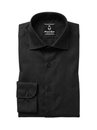 A folded black long-sleeve dress shirt with a pointed collar and button front, displayed on a light gray background. The brand label 'Pavão' is visible inside the collar.