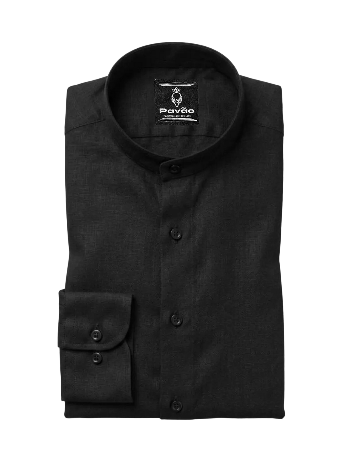 A folded black long-sleeve dress shirt with a mandarin collar and a single-button cuff, shown on a light gray background. The brand label 'Pavão' is visible inside the collar.