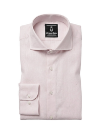 A folded light pink dress shirt with a spread collar and button front, displayed on a light gray background. The brand label inside the collar reads 'Pavão'.