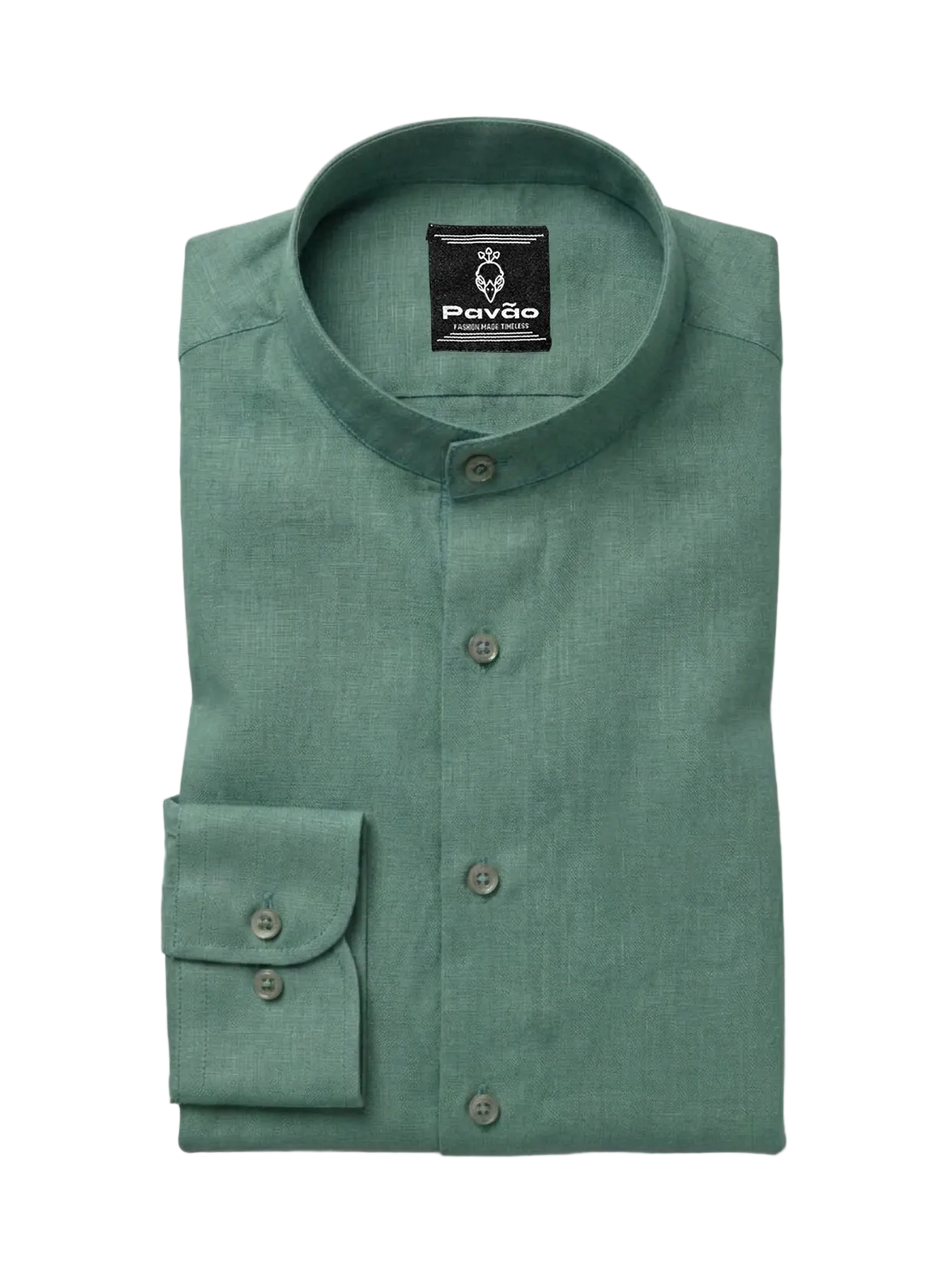 A folded sage green long-sleeve dress shirt with a mandarin collar and button-down front, featuring a visible Pavão brand label on the inner neck.