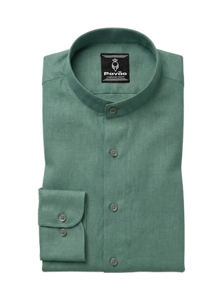 A folded sage green long-sleeve dress shirt with a mandarin collar and button-down front, featuring a visible Pavão brand label on the inner neck.