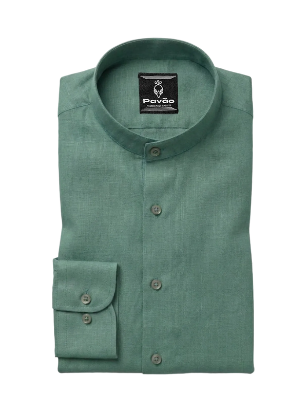 A folded sage green long-sleeve dress shirt with a mandarin collar and button-down front, featuring a visible Pavão brand label on the inner neck.
